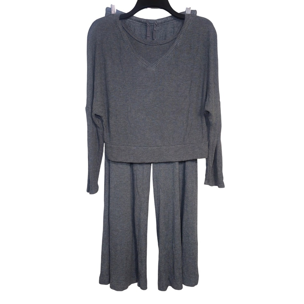Auden Ribbed Knit Lounge Sleep Set Gray Crop Top Wide Leg Pants Size XS EUC